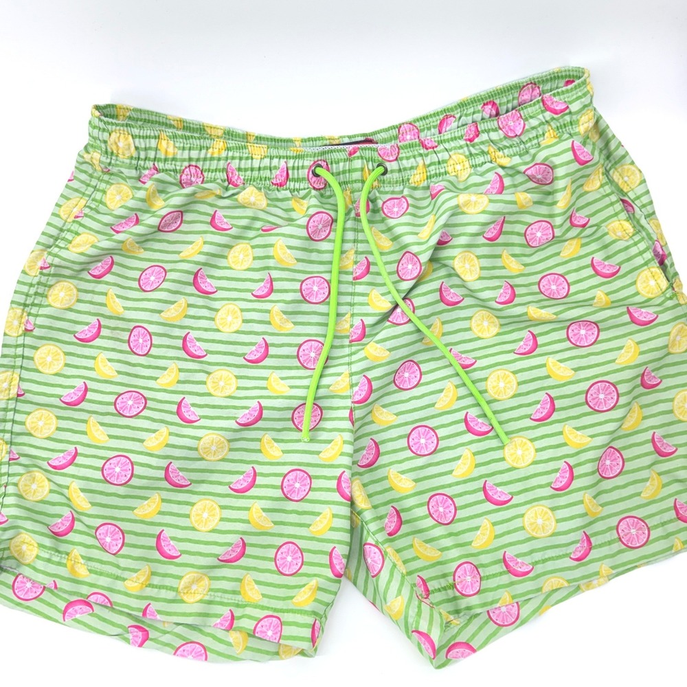 Party Sharks Swim Trunks Mens XXL Green Citrus Fruit Striped Beach - Picture 2 of 8
